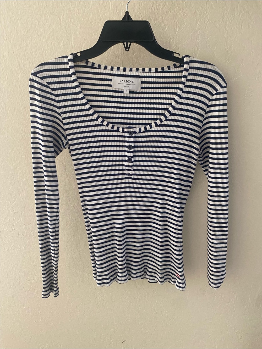 La Ligne Navy & White Striped Ribbed Henley Long Sleeve Top perfect condition